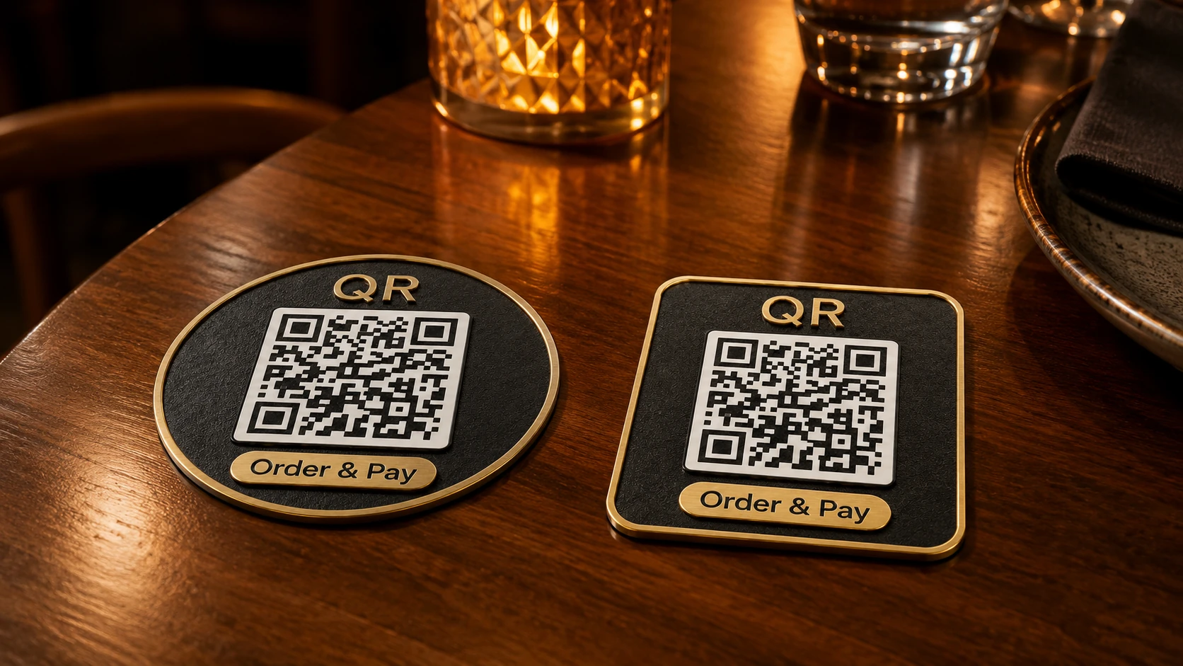 Placas QR negra y dorada en mesa de restaurante